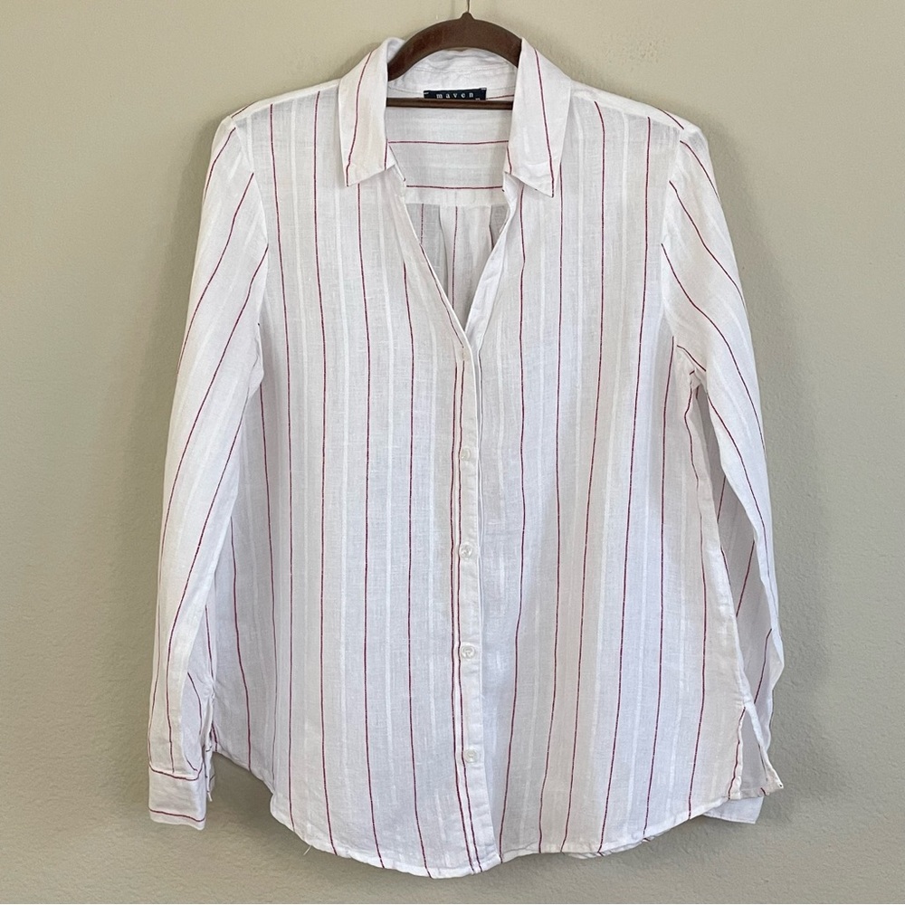 Maven West Red Stripes Linen Roll Tab Sleeves Button Up‎ Shirt Size XS